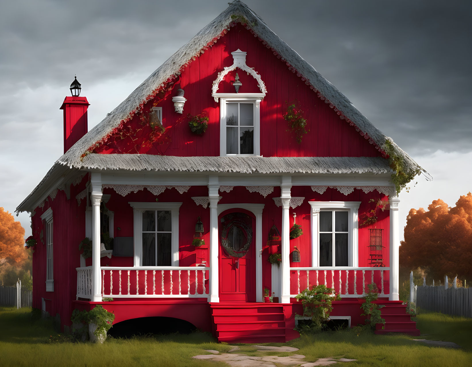 Red Cottage with White Trim, Front Porch, and Picket Fence Against Stormy Sky