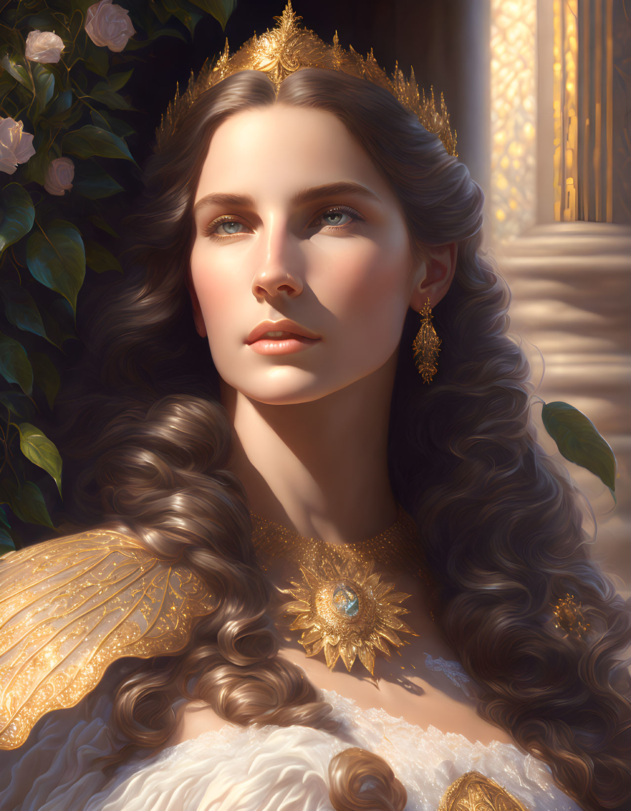 Regal woman with flowing hair and gold jewelry gazes by sunlit window