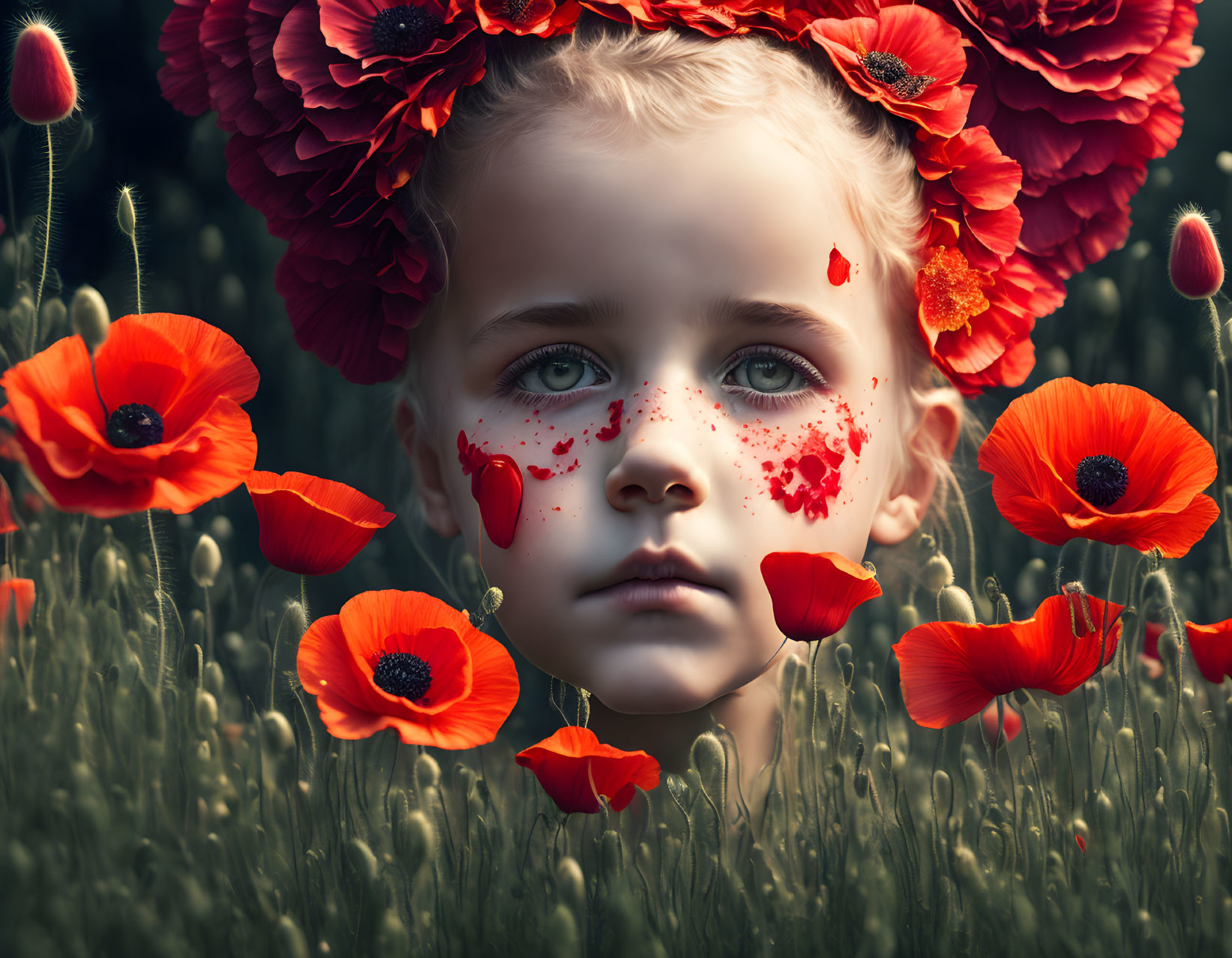 Child with Blue Eyes Wearing Crown of Red Flowers in Poppy Field