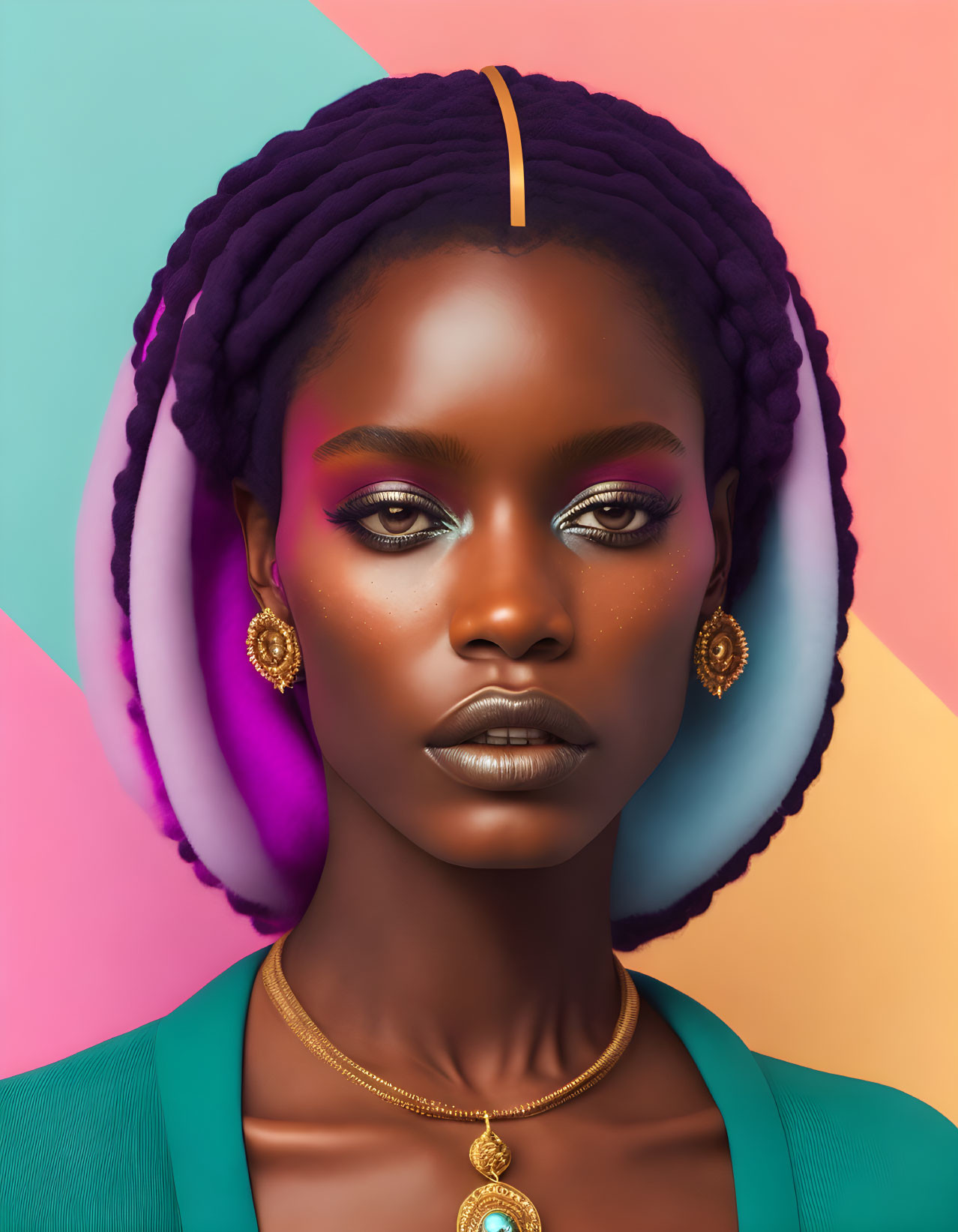 African woman portrait with purple braided hair and striking makeup