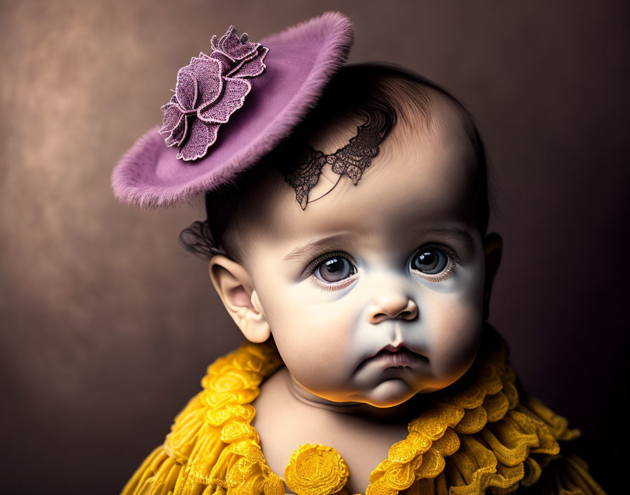 Baby portrait with big eyes in purple hat and yellow garment on brown background