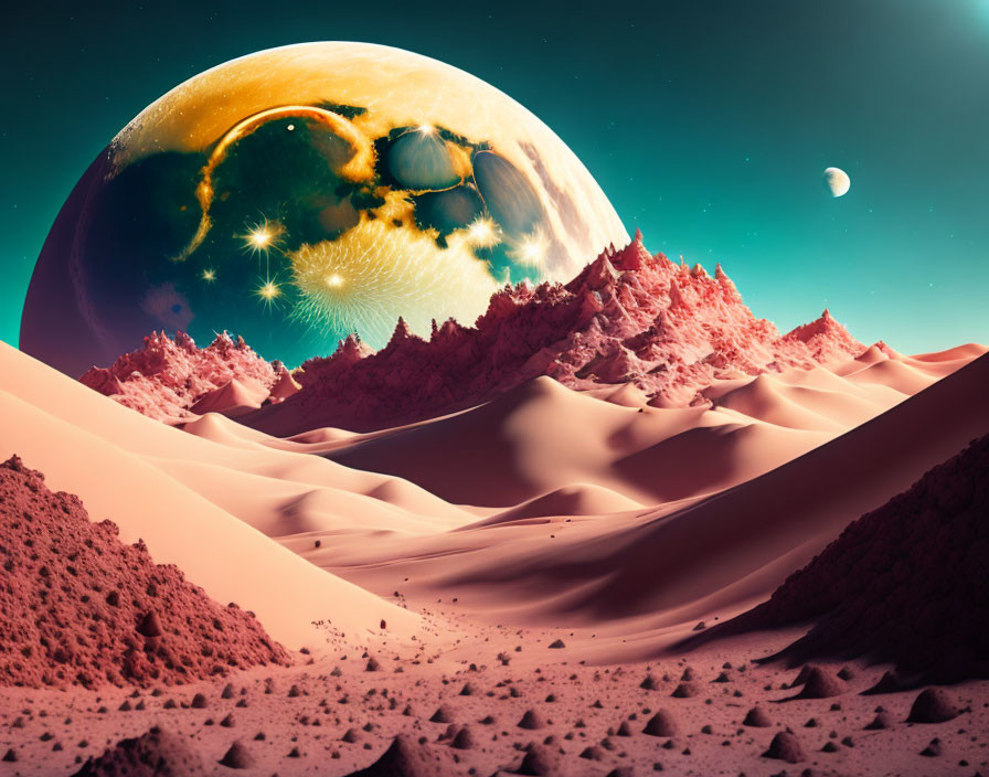 Surreal red sand dunes under two moons in the sky