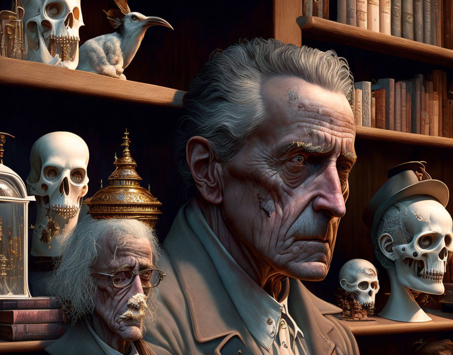 Elderly man with stern gaze, skulls, books, and white mouse.