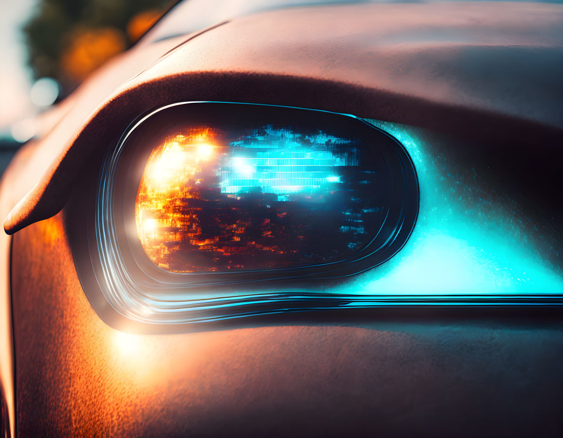 Vibrant blue and orange hues on illuminated car headlight at dusk