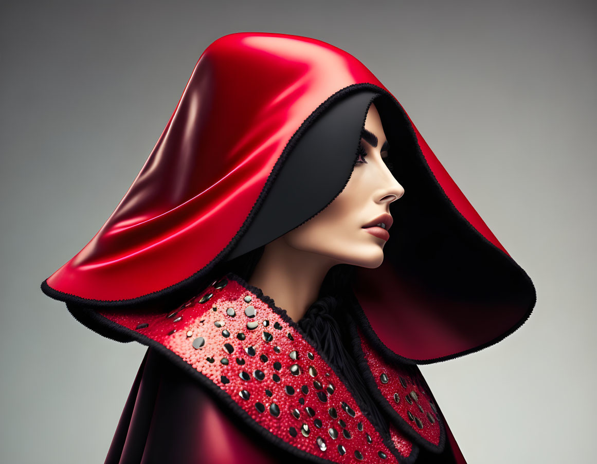 Person in Glossy Red and Black Hood with Embellishments - Dramatic Side Profile