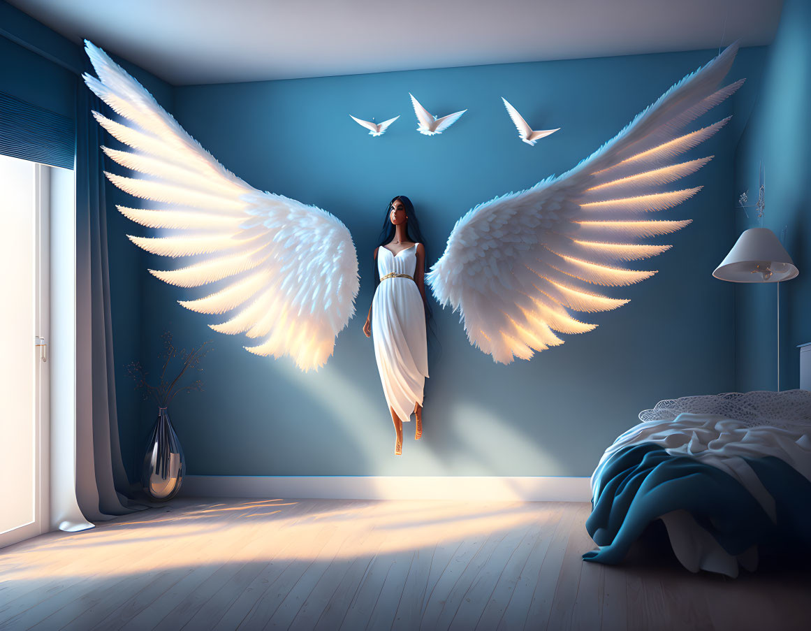 Woman with illuminated angel wings in serene blue bedroom with flying birds