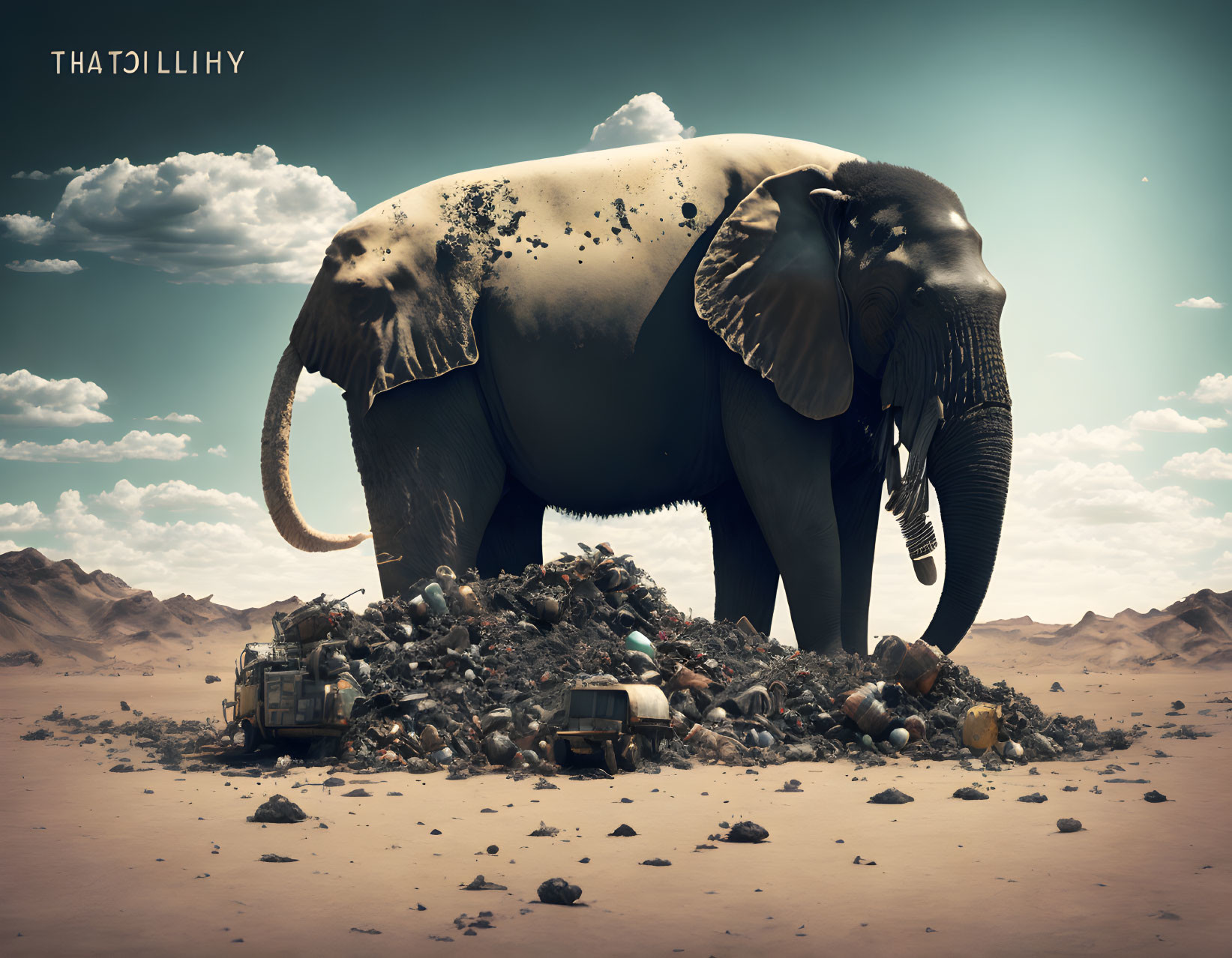 Elephant on discarded vehicles in barren desert landscape