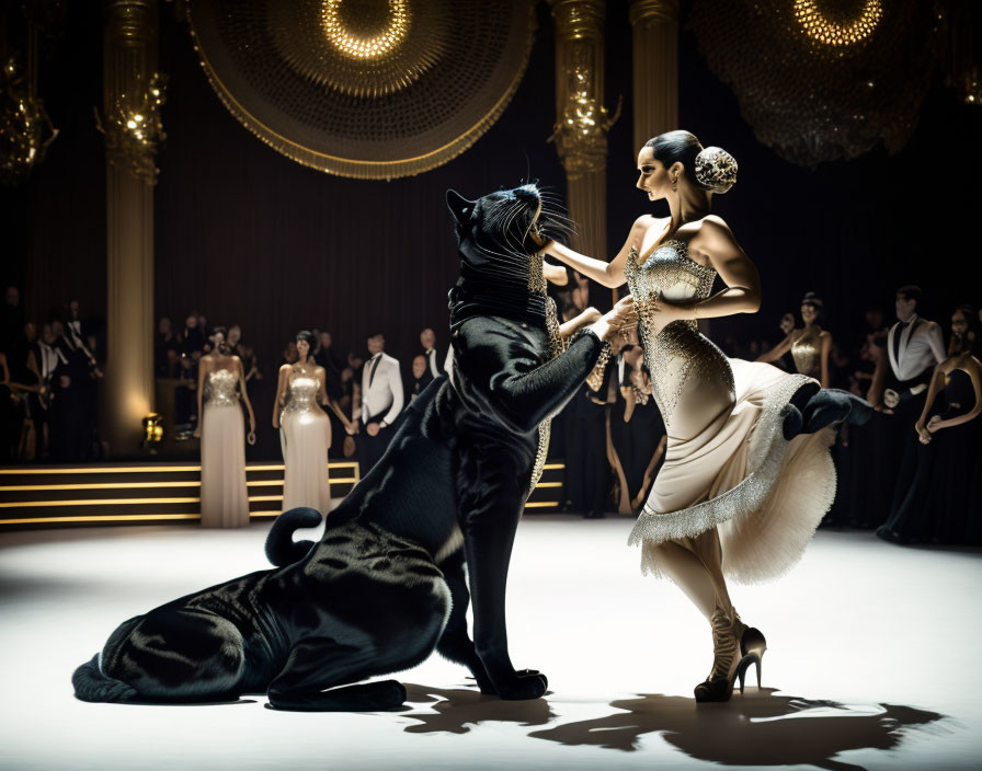 Woman in elegant dress dancing with giant black cat in ballroom spectacle