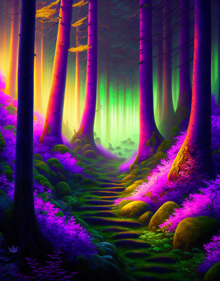 Mystical forest with tall trees, purple and green hues, glowing light, and magenta foliage