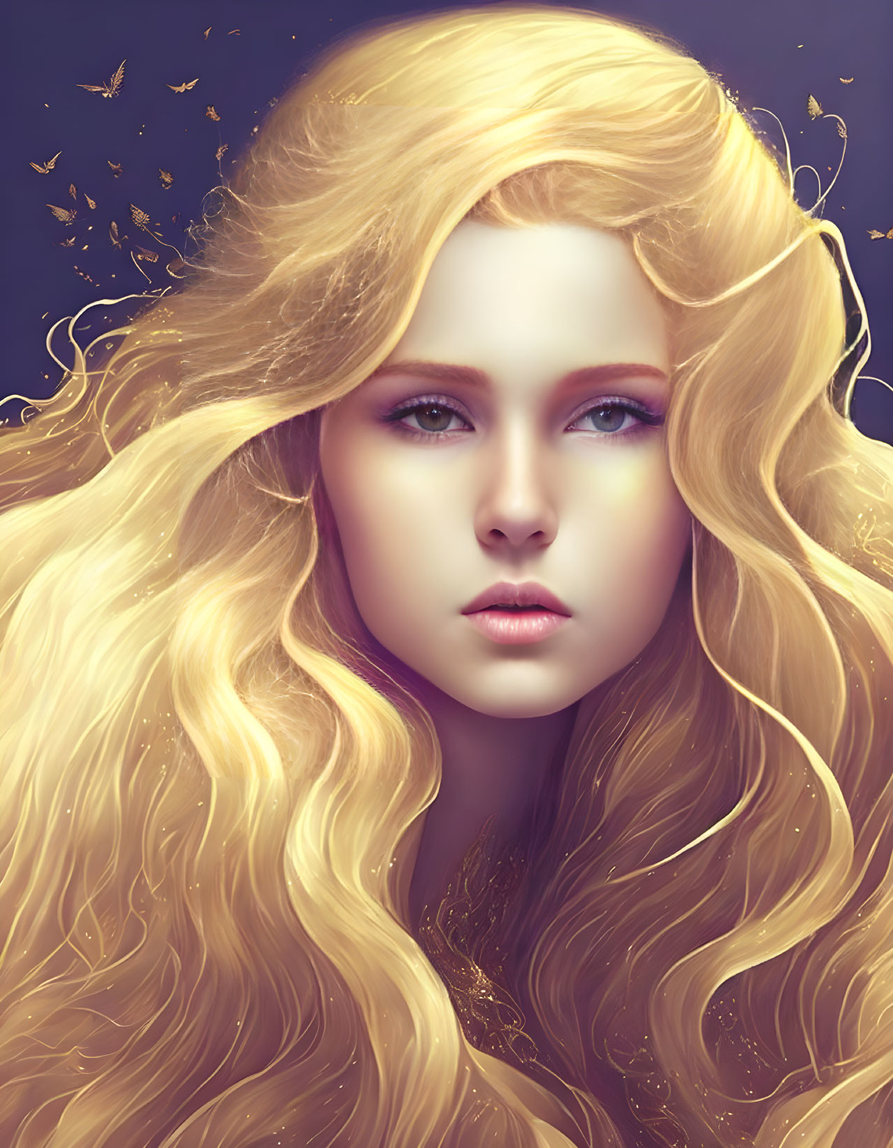 Digital portrait of woman with golden hair and blue eyes amid butterflies on dark backdrop