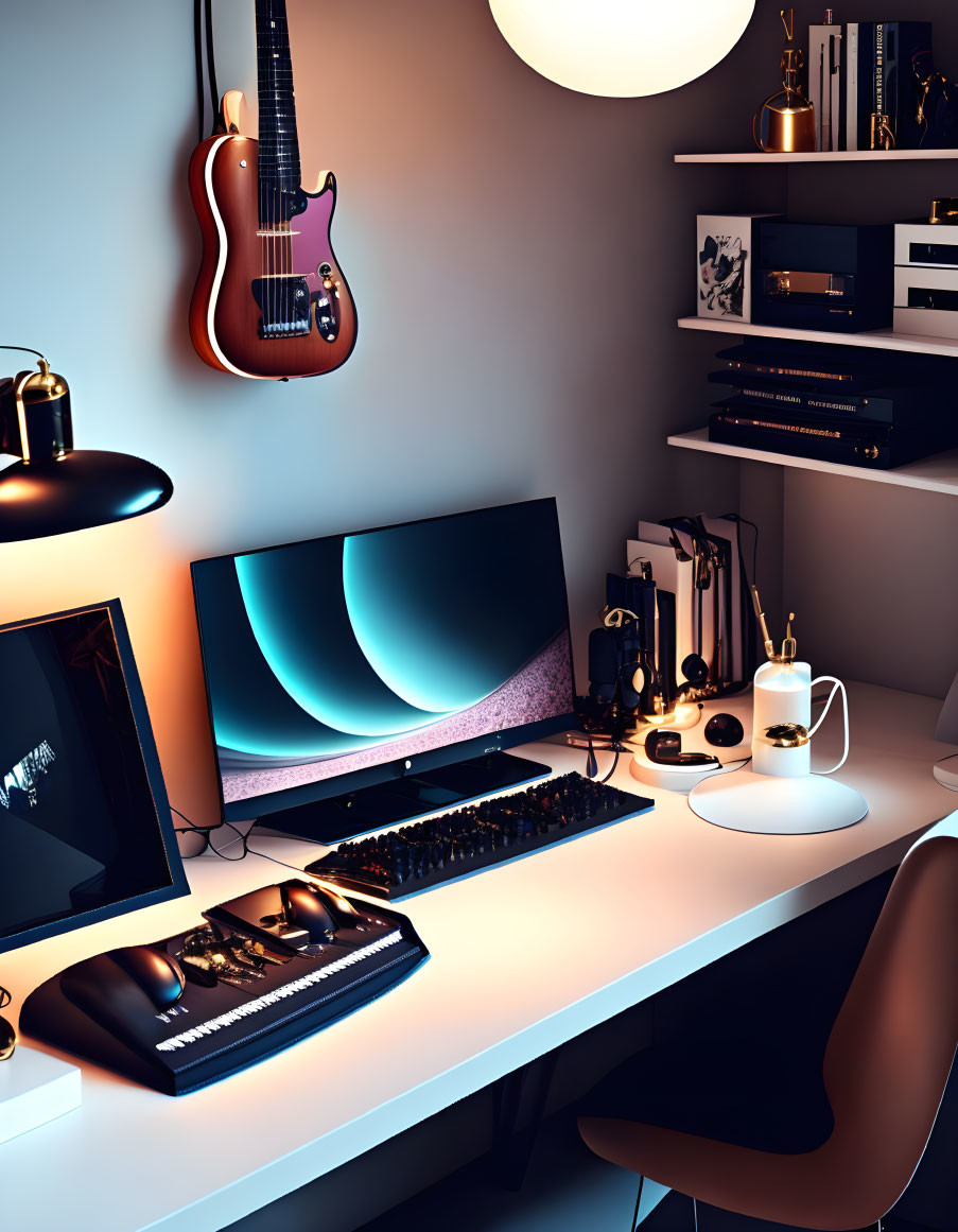 Modern home office with dual monitors, mechanical keyboard, plants, guitar, and cozy chair.