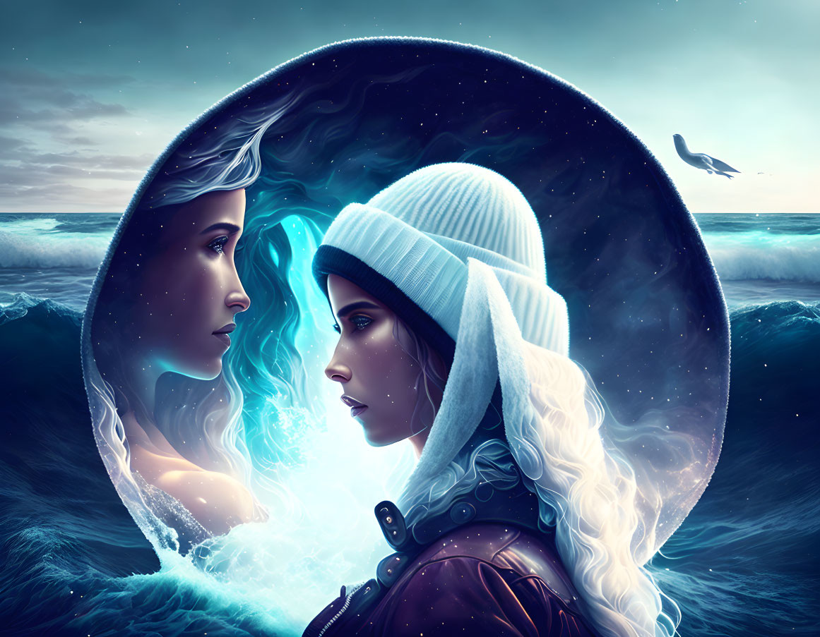 Surreal circular frame with two women's profiles - one ethereal, one in winter attire -