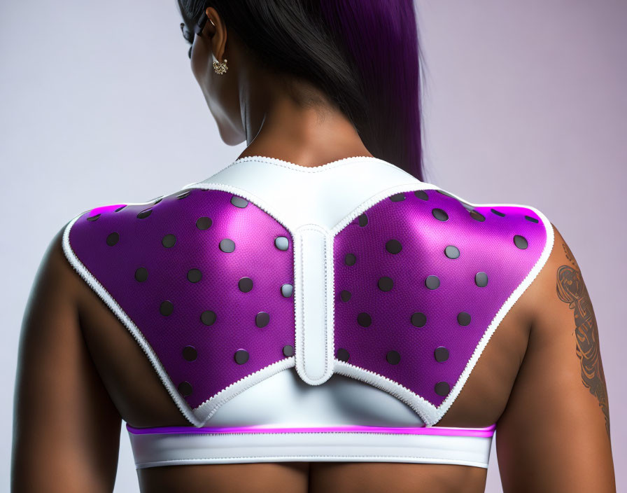 Futuristic white and purple shoulder pad design with polka dots on woman's back