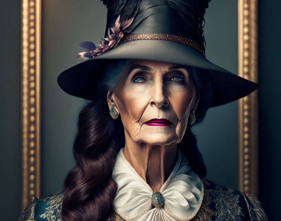 Stylish elderly woman in vintage attire and hat with brooch in dignified pose