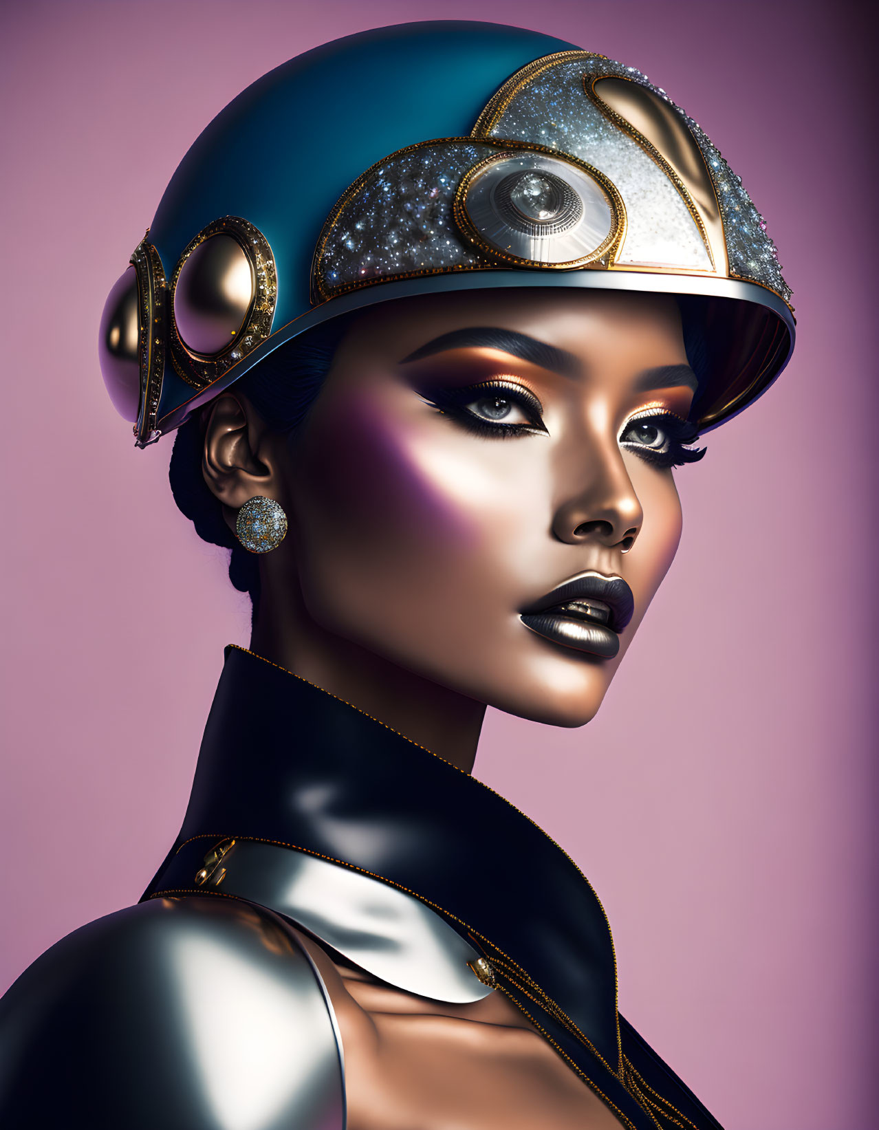 Stylized portrait of woman with futuristic helmet and glossy attire on purple backdrop