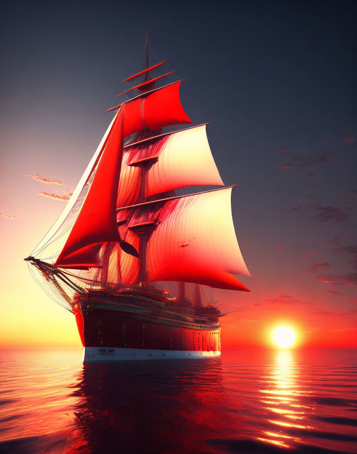 Majestic ship with red sails on calm waters at vibrant sunset