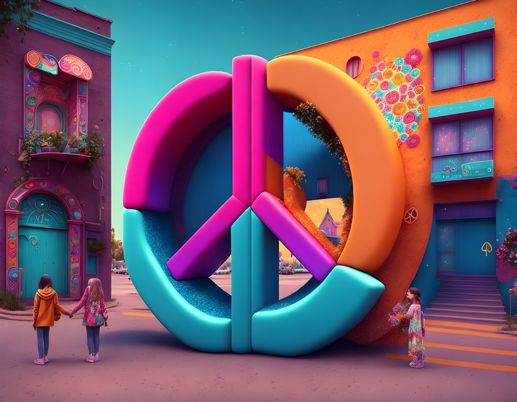 Colorful 3D pie chart structure in vibrant street scene