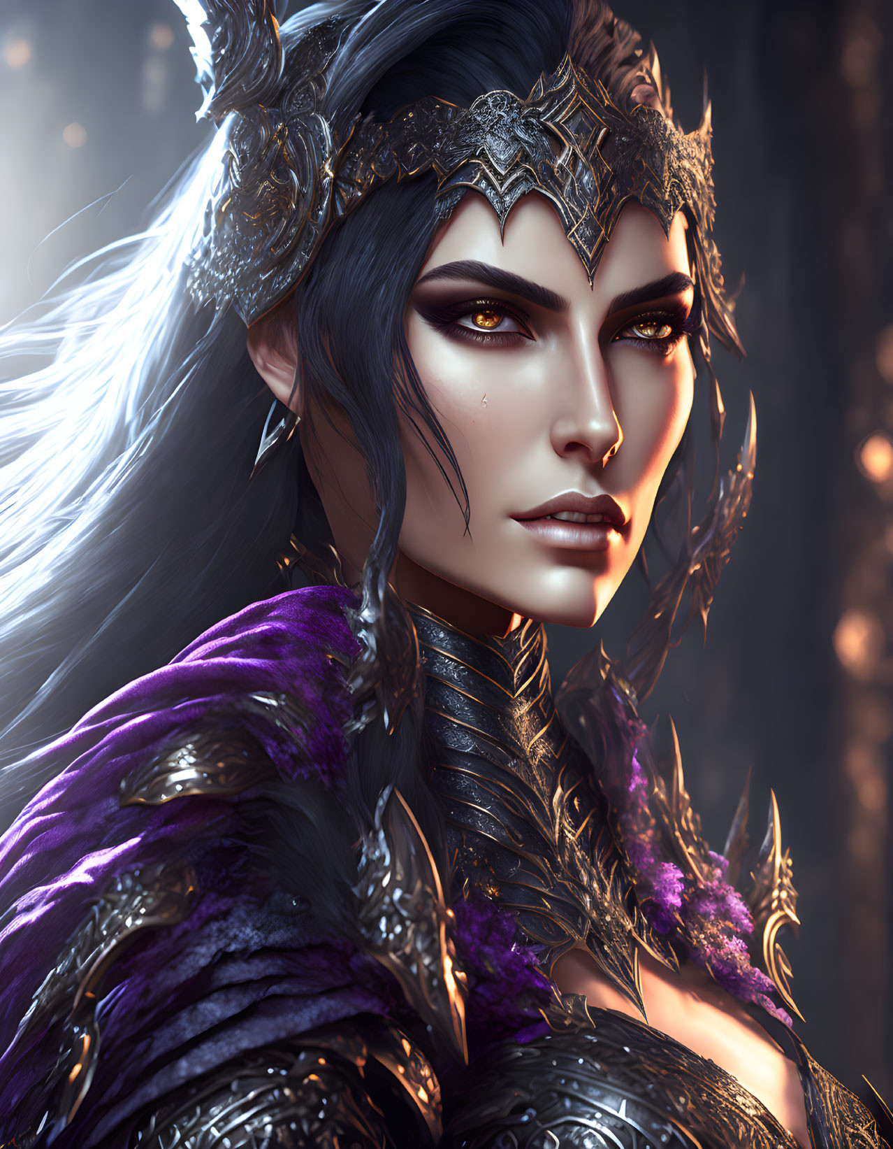 Regal fantasy armor woman portrait with metallic crown and purple feathers