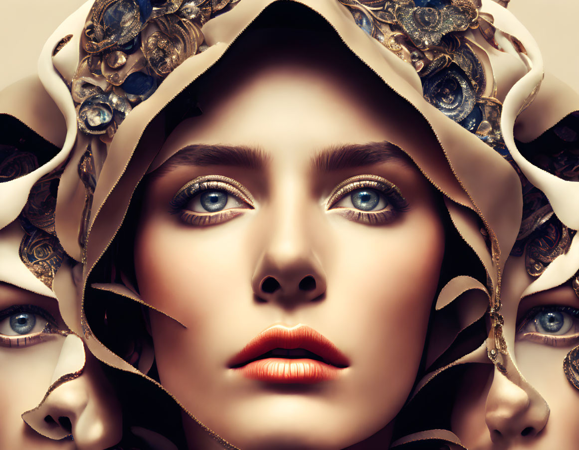 Surreal artwork featuring woman's face with blue eyes and metallic floral designs