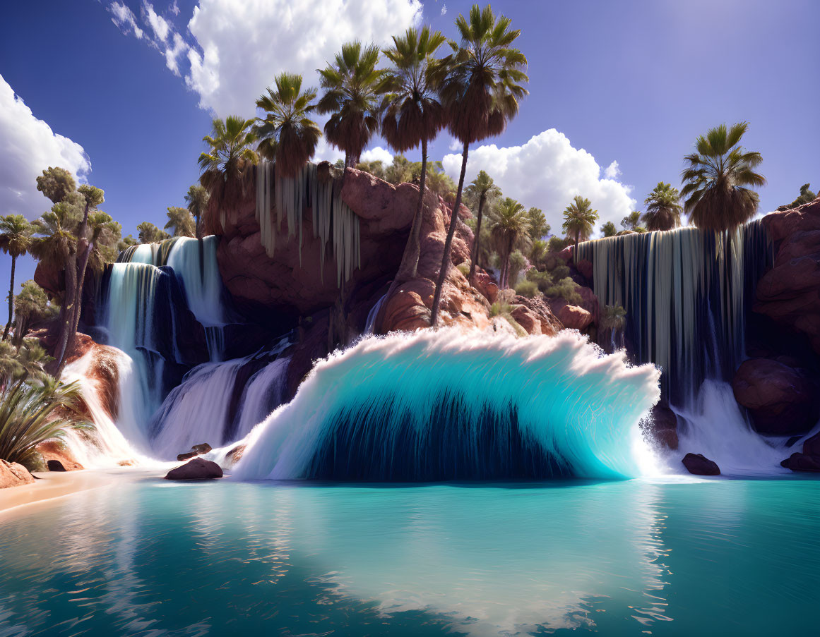 Tropical oasis with vibrant blue waterfall and lush palm trees