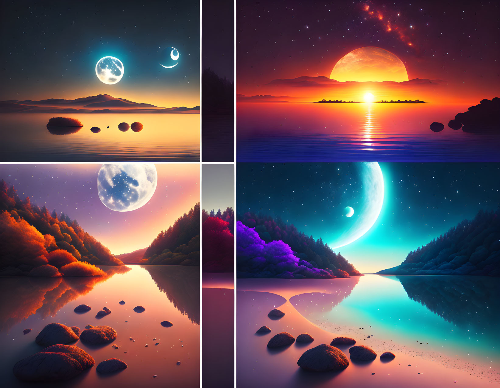 Surreal landscapes with oversized celestial bodies and colorful reflections