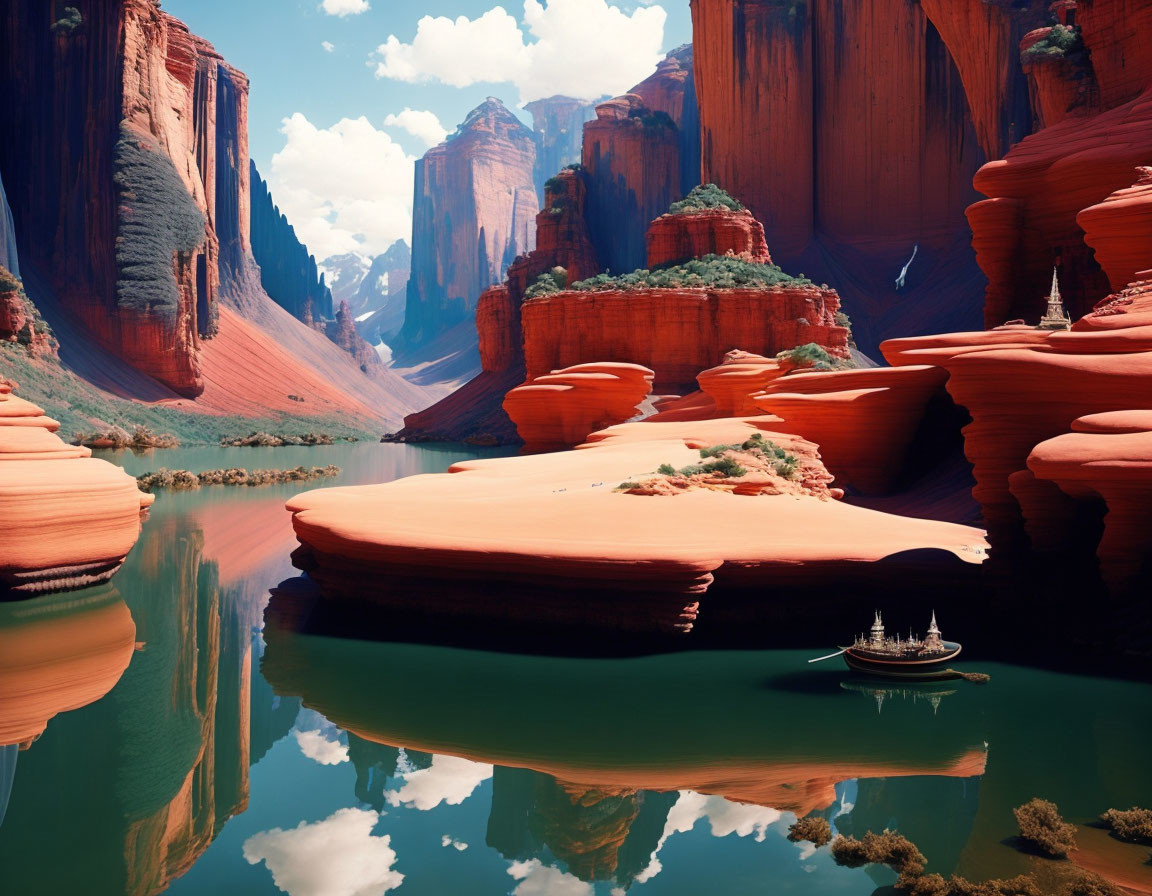 Tranquil river in red canyon with boat and clear skies