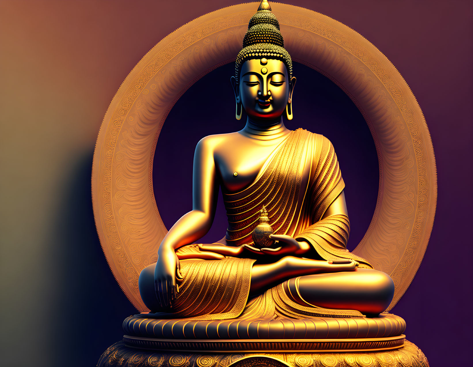 Golden Buddha Statue Meditating with Radiant Halo on Purple Background