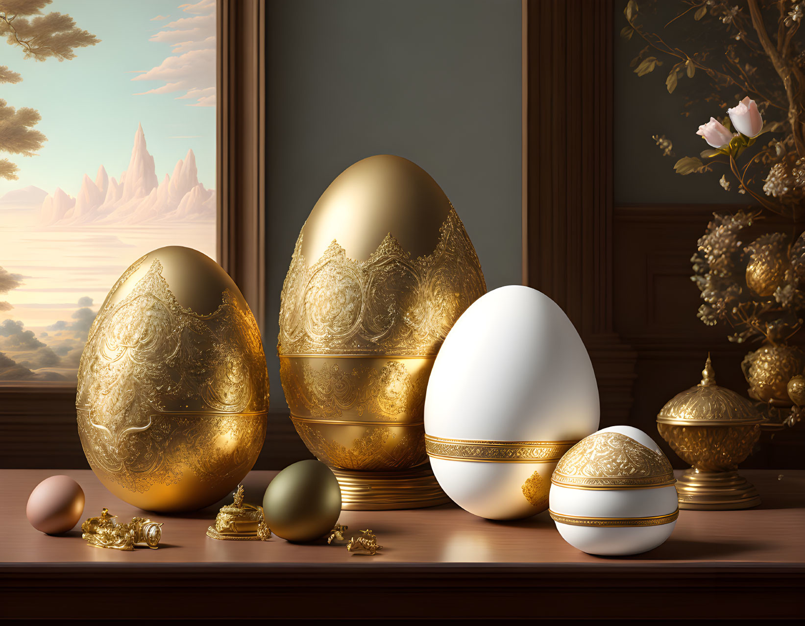 Intricately patterned golden eggs on table with mountain view