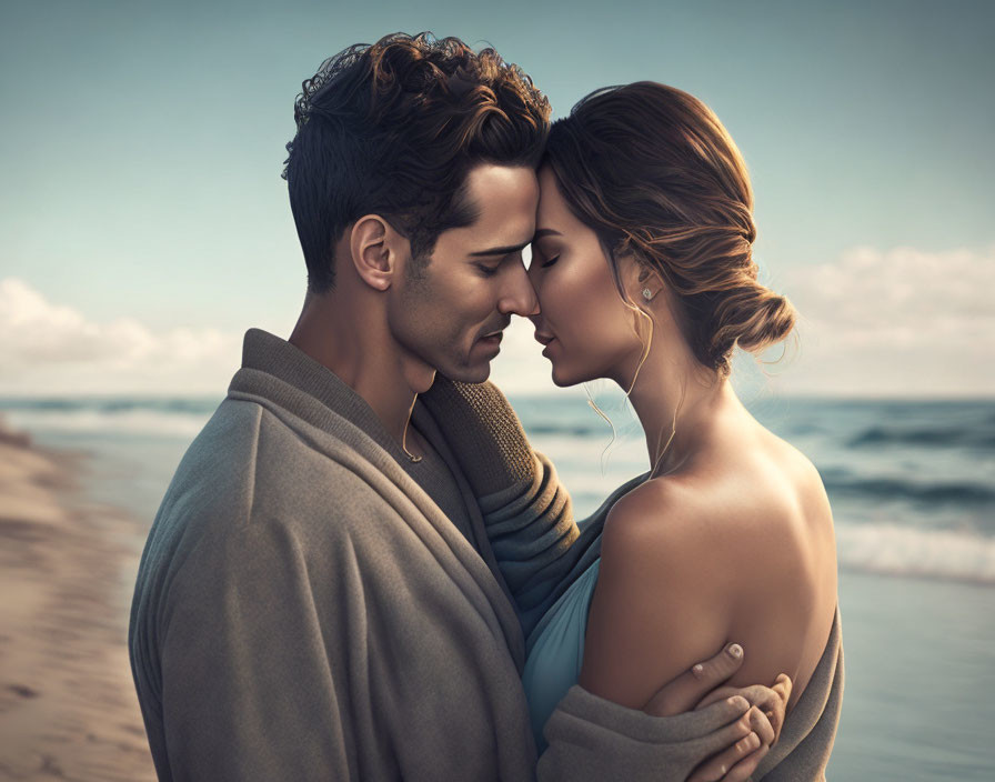 Romantic couple embracing with beach backdrop