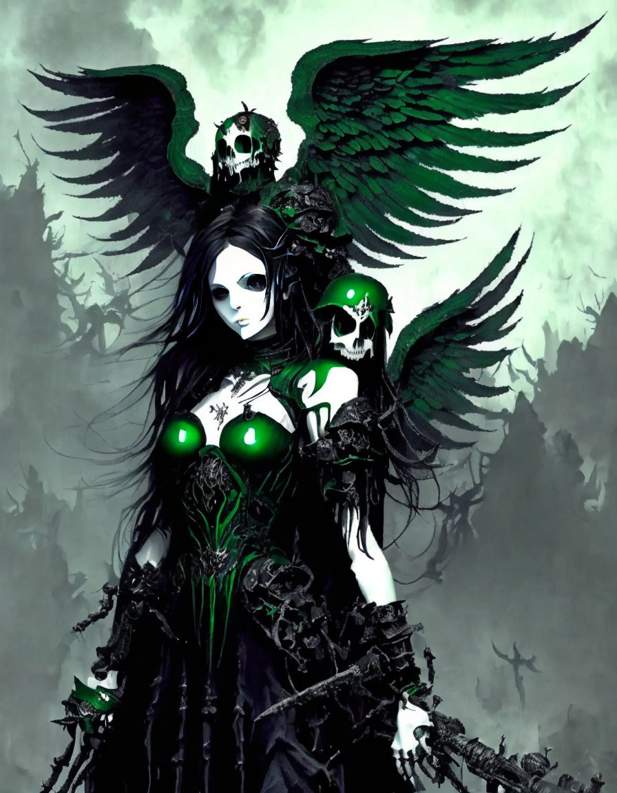 Dark angel with green accents and black wings in gothic fantasy art