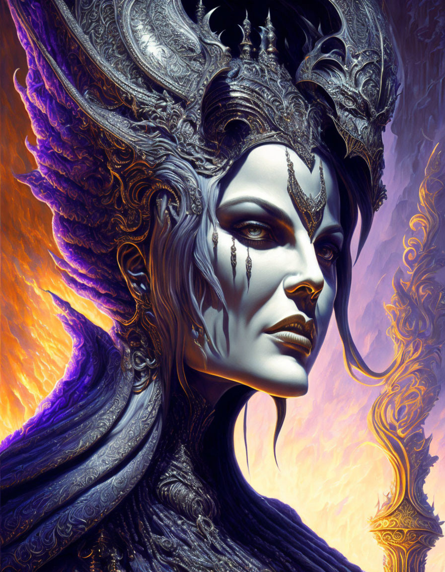 Intricate headdress woman with striking makeup in regal aura against fiery backdrop