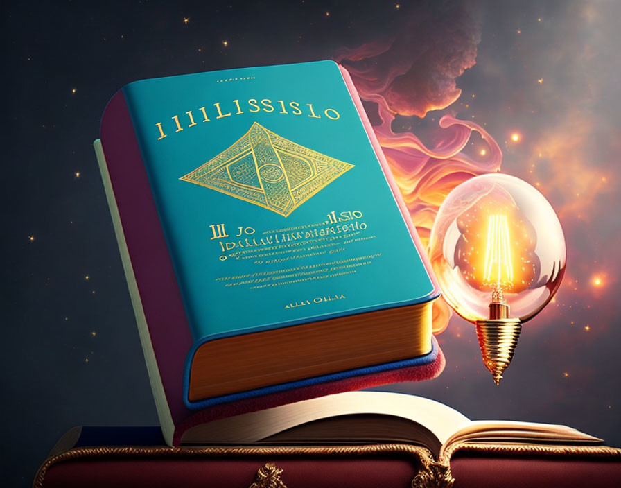 Blue book with golden inscriptions, filament bulb, celestial backdrop with orange and purple clouds