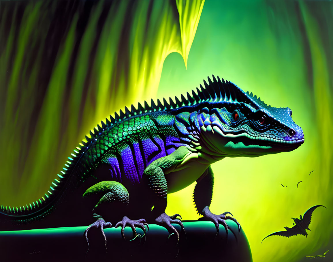 Colorful Digital Art: Spiky Back Lizard on Branch with Bats