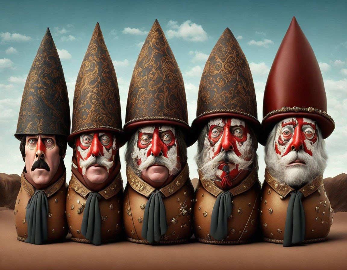 Stylized caricature figures in ornate soldier uniforms with pointed hats and solemn expressions