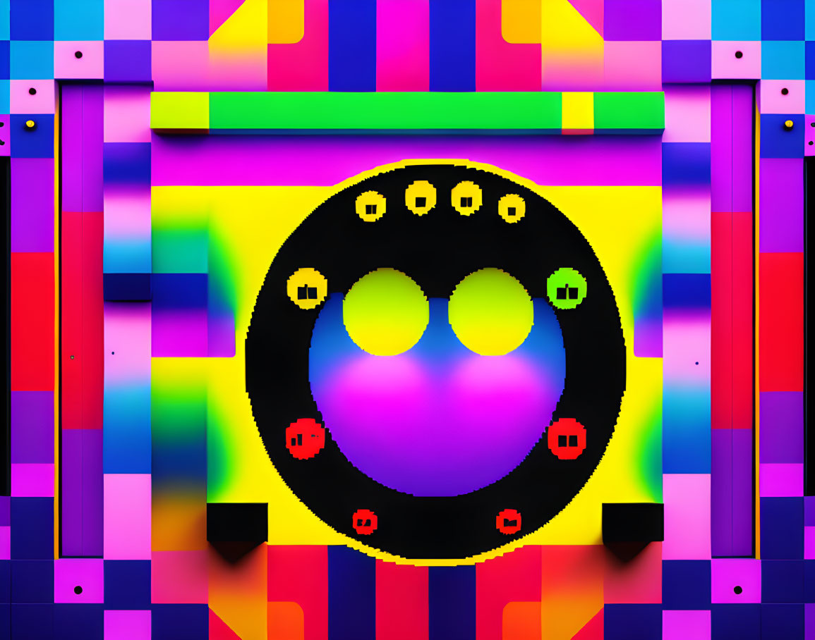 Vibrant abstract art with central black circle and neon shapes