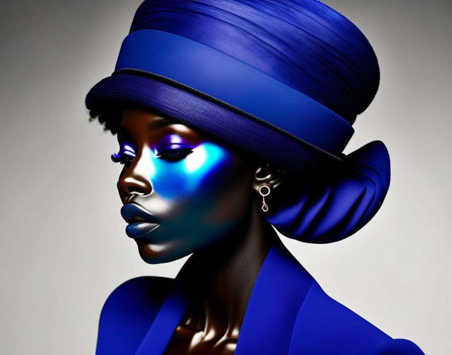 Digital artwork: Woman with blue skin, turban, and earring in blue light