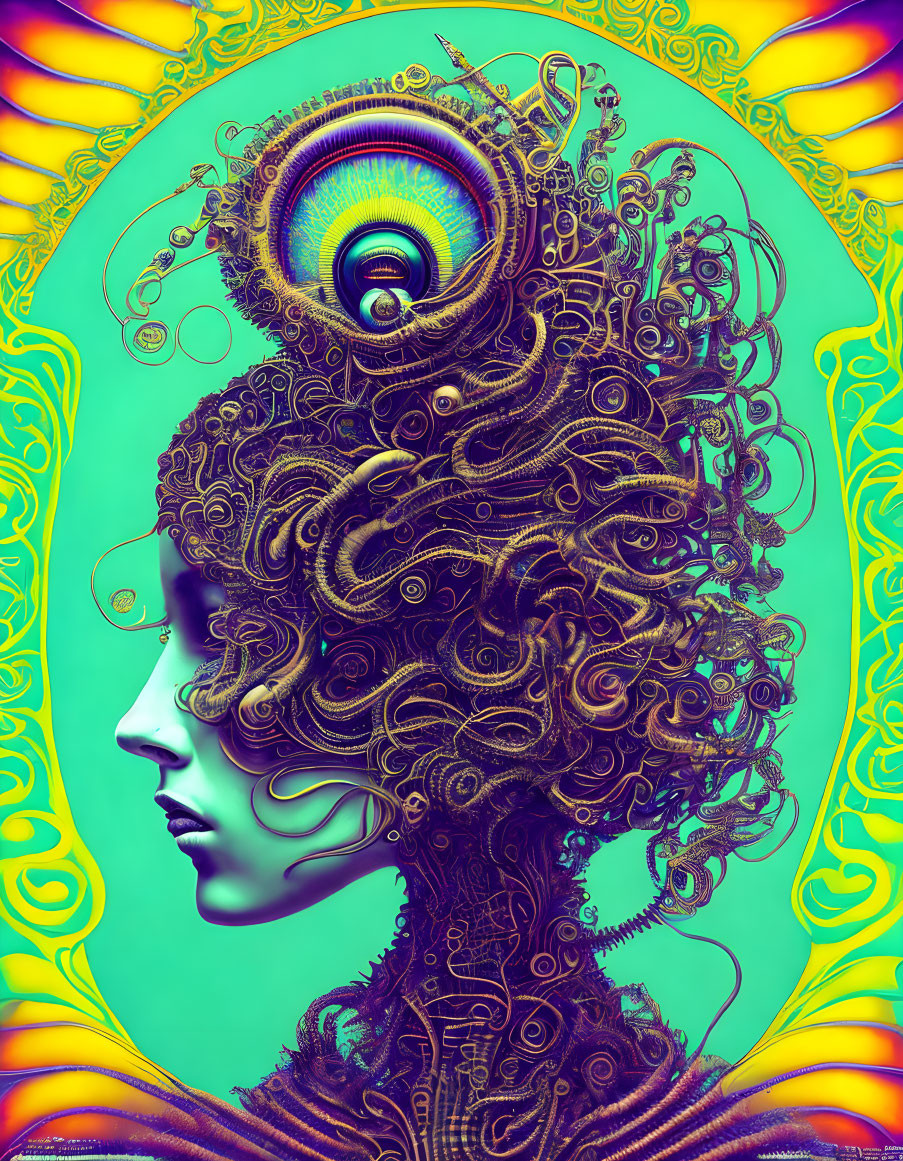 Profile digital art: gold mechanical curls, large eye, gears on teal & yellow backdrop