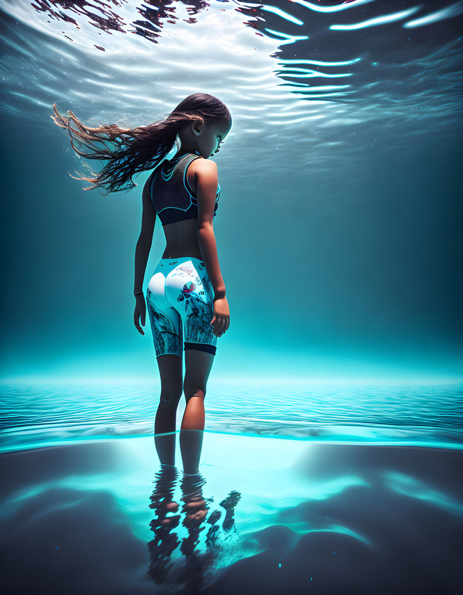 Woman in Blue Swimsuit Standing in Serene Water