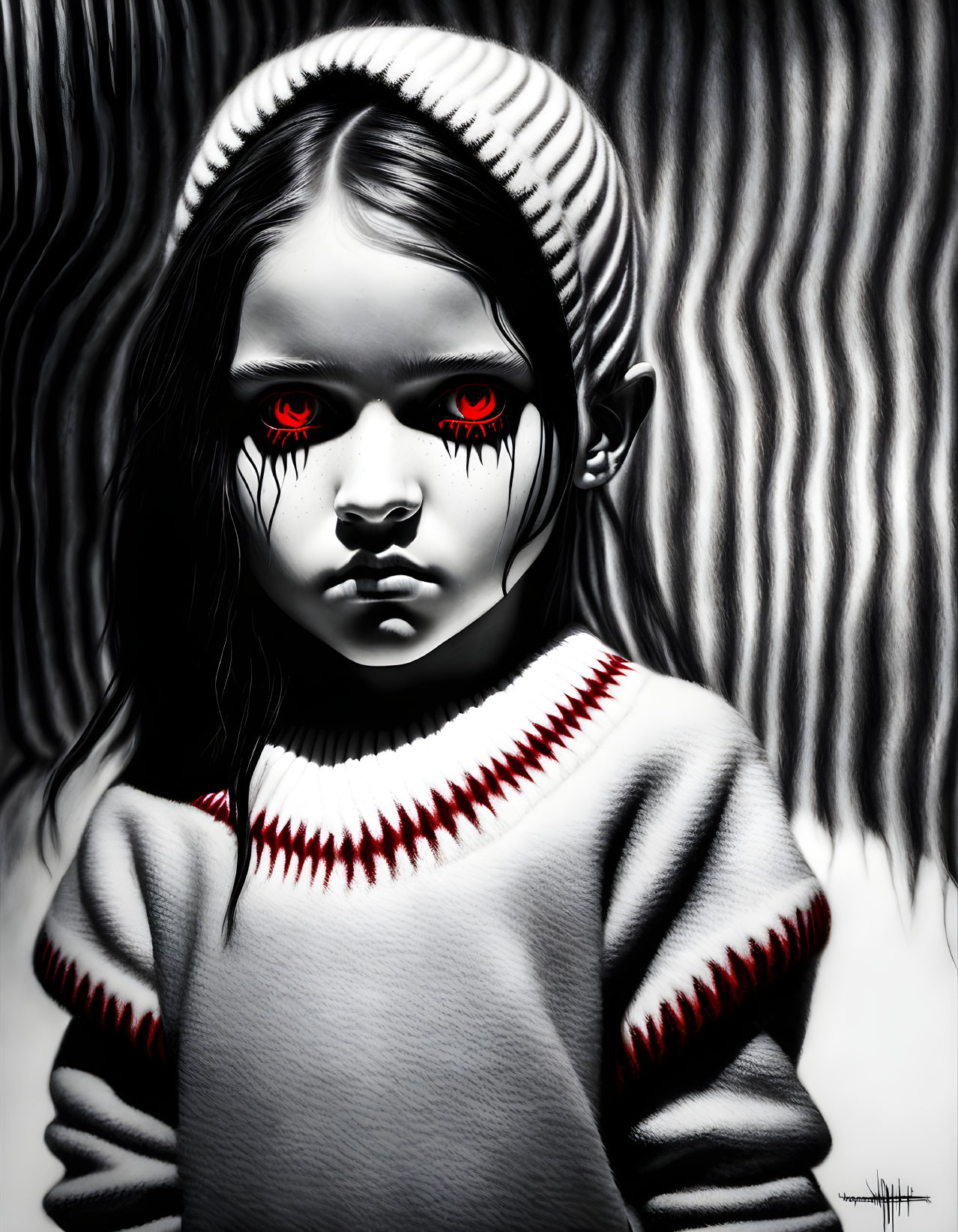 Monochrome drawing of a girl with red glowing eyes and dark streaks, striped sweater