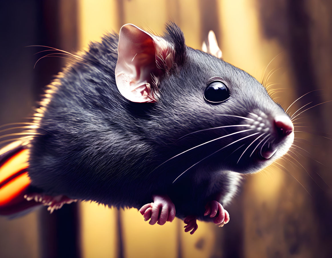 Detailed Close-Up of Black Rat with Prominent Whiskers and Reflective Eyes