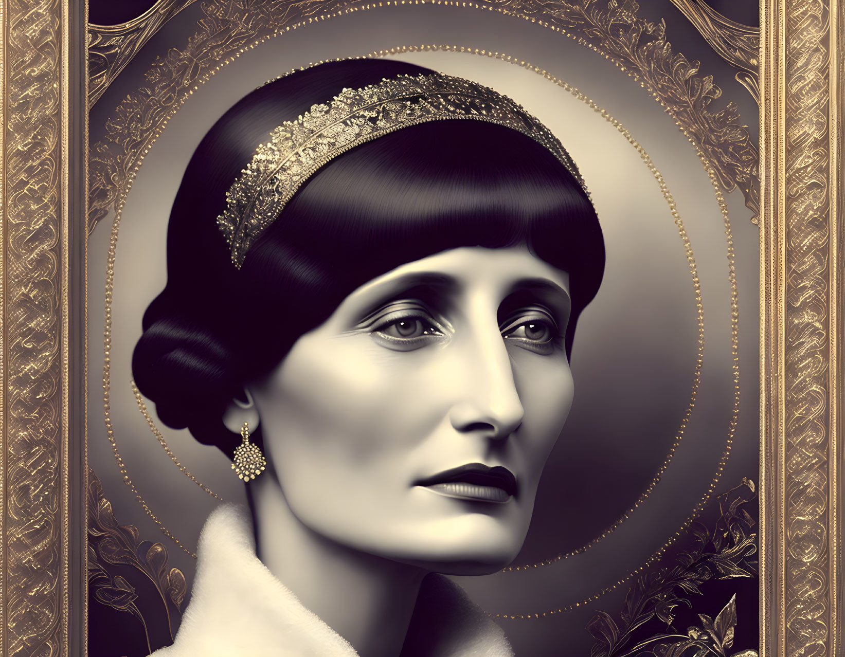 Vintage-style portrait of a woman with ornate headband and earrings in elaborate decorative border.