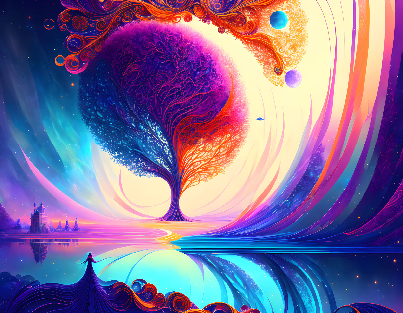 Colorful fantasy landscape with swirling sky, majestic tree, orbs, castle, reflective water