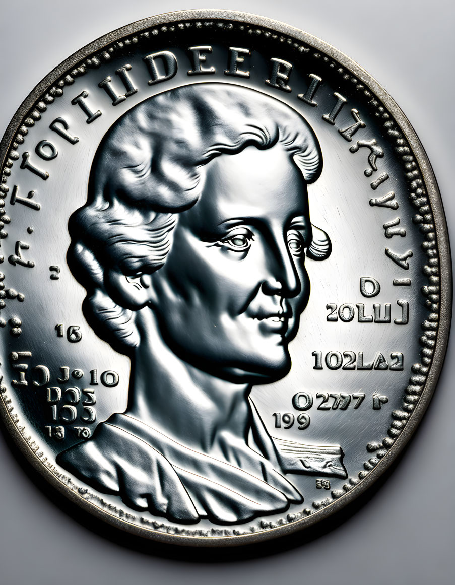 Detailed close-up of silver coin with classical figure profile and inscriptions on reflective surface