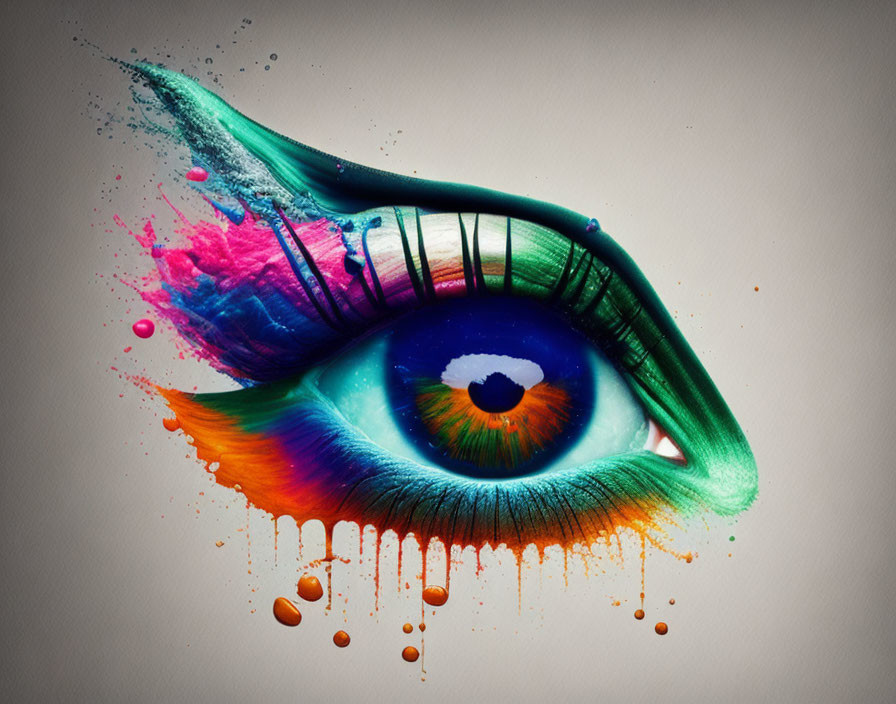 Colorful Paint Splashes Eye Artwork with Drips and Eyelashes