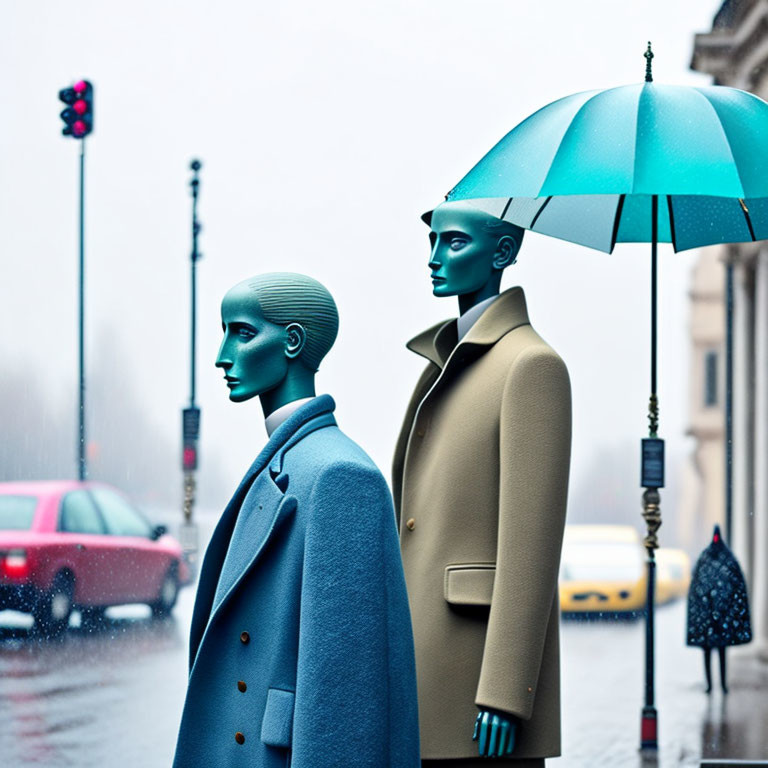 Colorful coats on mannequins under teal umbrella in rainy city street.