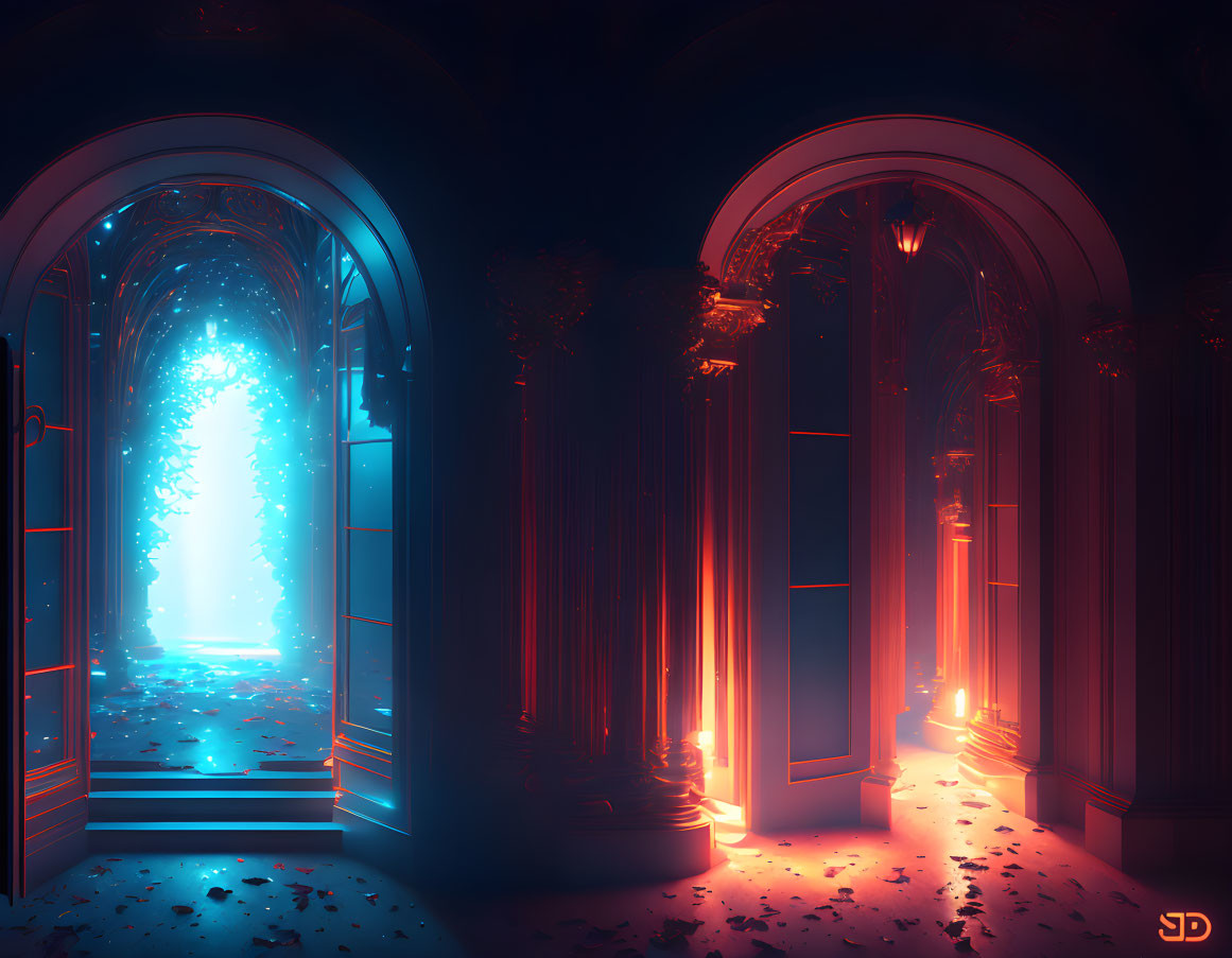 Mystical glowing portal in ornate hallway with classical columns