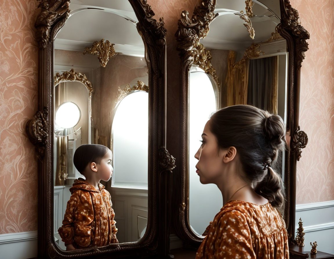 Woman and Child Reflecting in Ornate Mirror in Elegant Room