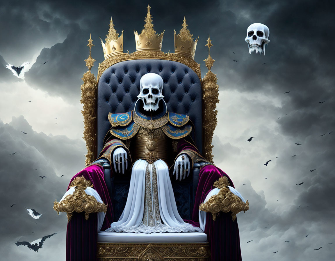 Ornate skull-themed throne under stormy sky with bats