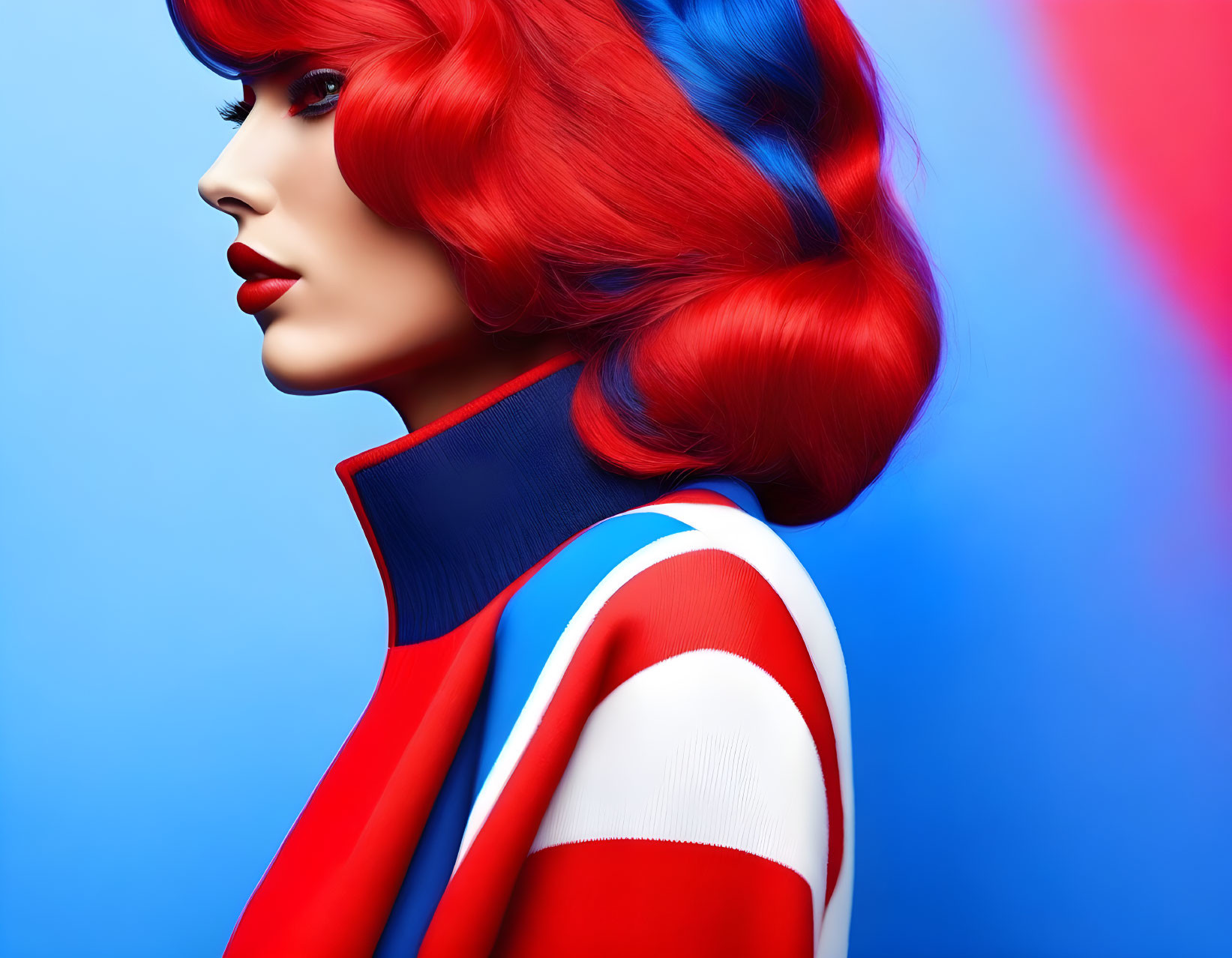 Vibrant red-haired woman in waves against blue backdrop wearing high-neck top