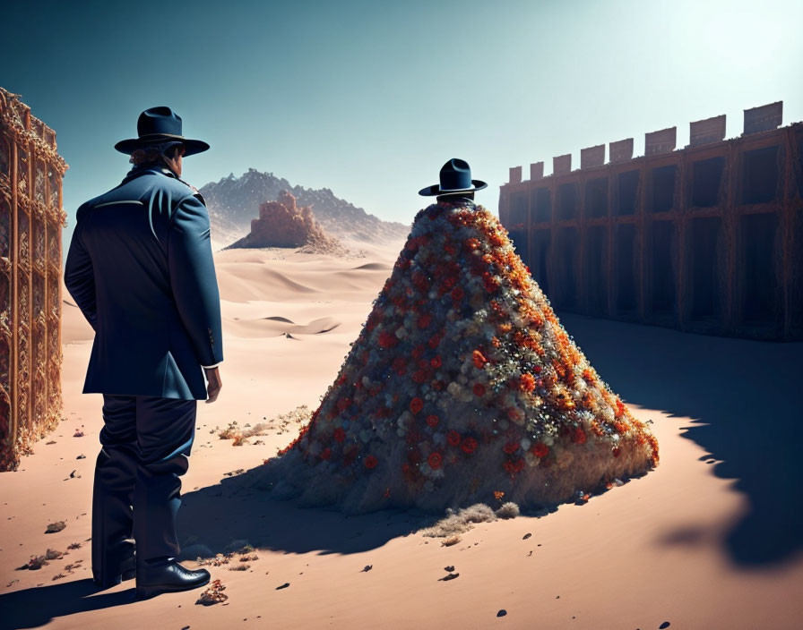 Surreal desert landscape with figures in hats and ornate frames